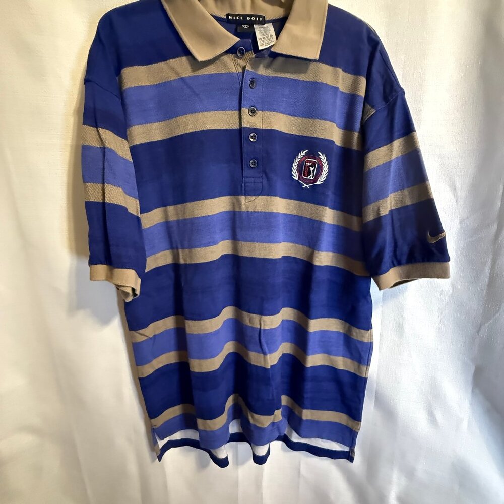 Nike Golf Senior PGA Logo Polo Shirt/Large/Blue & Tan Striped / Activewear/Golf